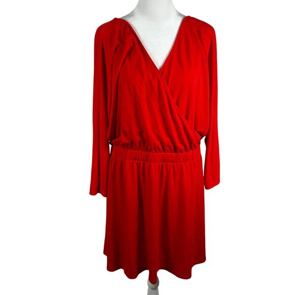 Express Red V-Neck Mini Dress Mock Wrap Open Back Large Stretch Casual Feminine - Picture 1 of 4